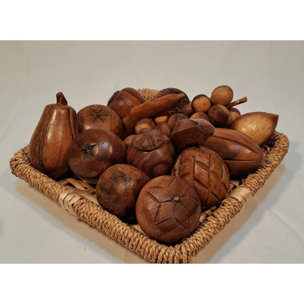 Vintage Hand Carved‎ Wooden Fruit Set with Woven Wicker Basket Centerpiece Decor